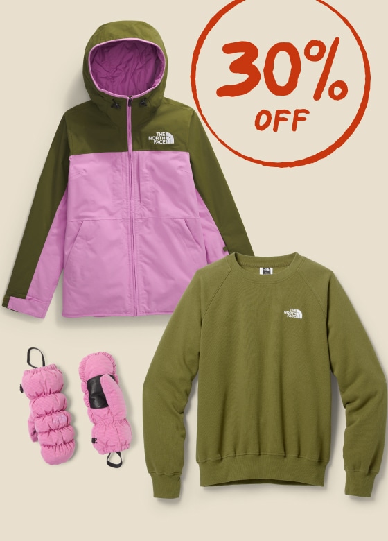 Parka, snow jacket, and sweatshirt from The North Face. Text reads, up to 30% off.