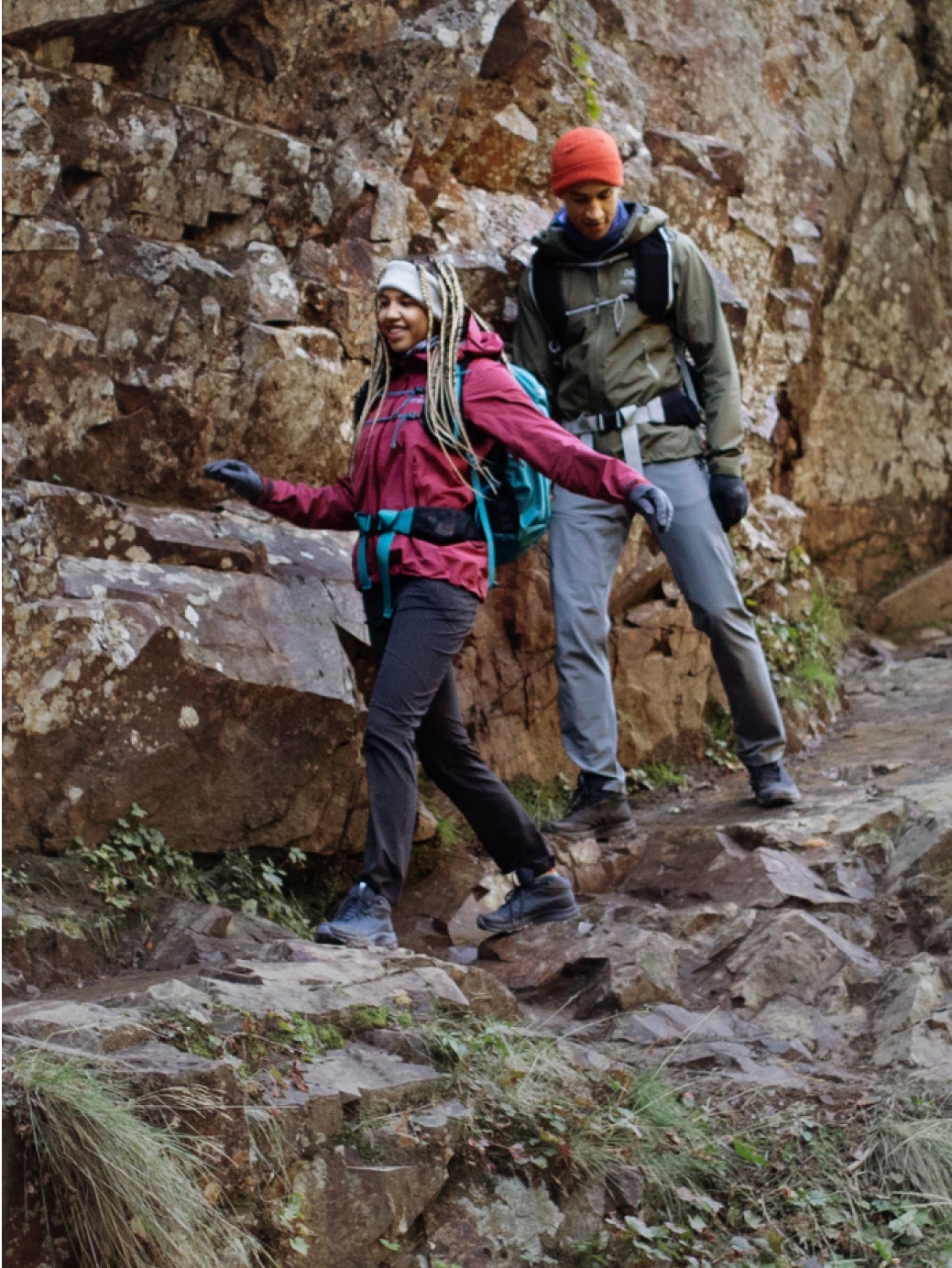 Hikers on a rocky trail.