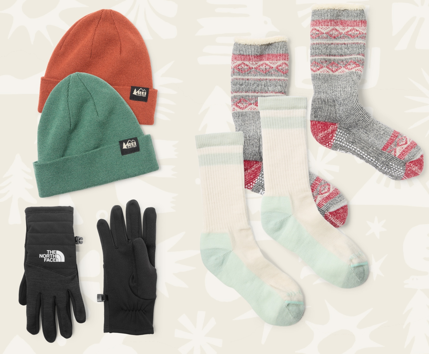 Knit beanies, wool socks, and water-repellant gloves.