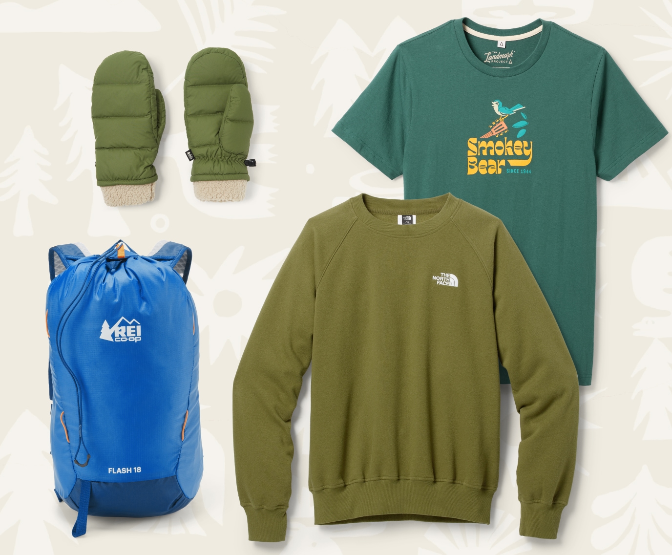 Graphic tee, sweatshirt, day pack, and gloves from top outdoor brands.