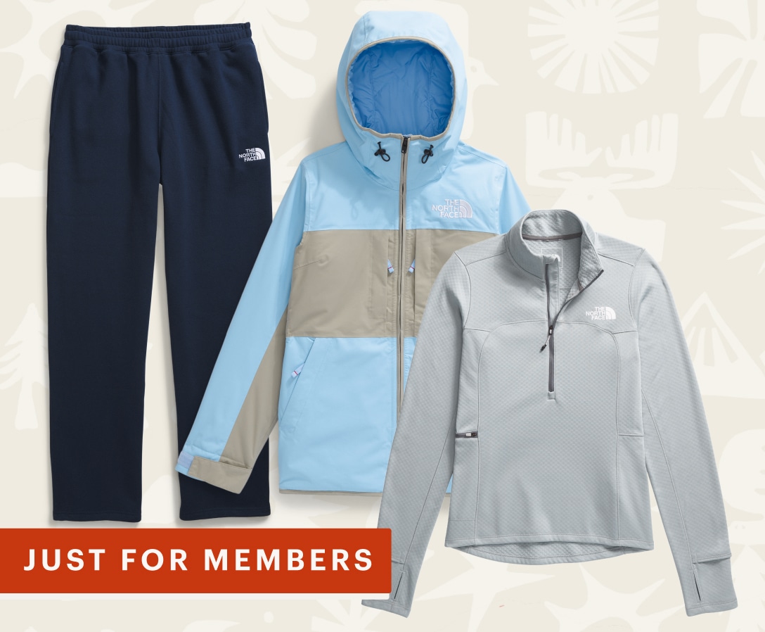 The North Face half-zip pullover, snow jacket, and sweatpants.