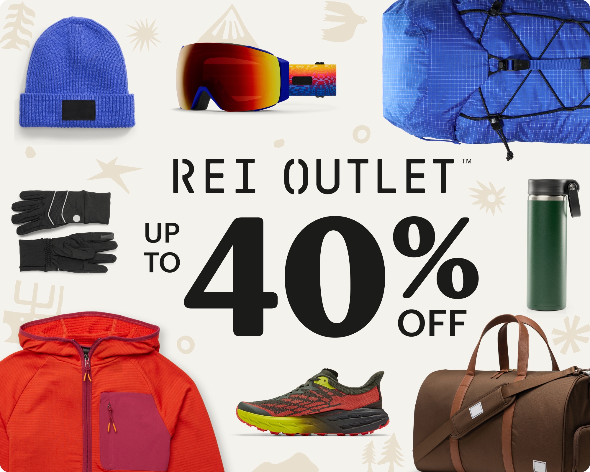 A variety of R E I Outlet gear. Text reads, R E I Outlet, up to 40% off.