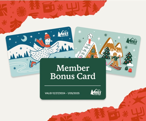 An R E I holiday gift card and digital member bonus card.