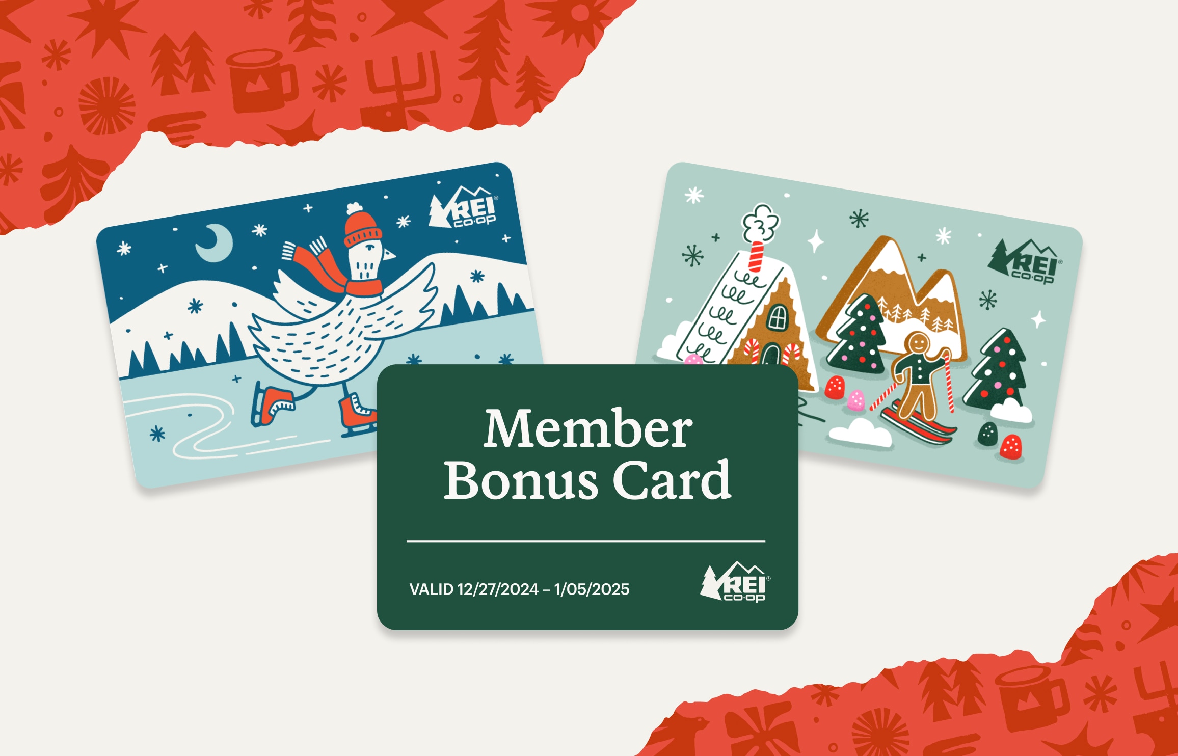 An R E I holiday gift card and digital member bonus card.