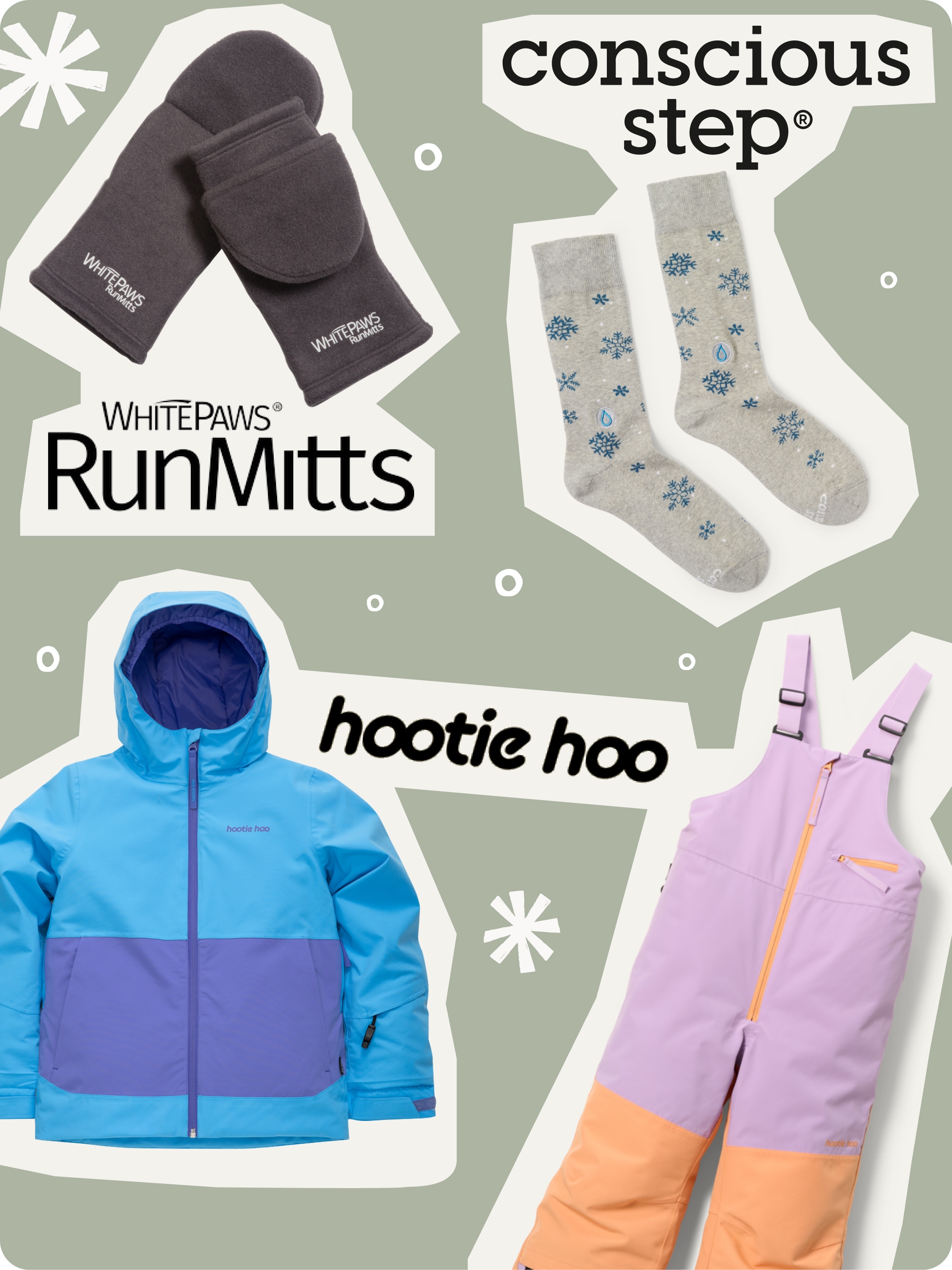 A collage of various winter gear from unique brands including WhitePaws RunMitts, Conscious Step, and Hootie Hoo.