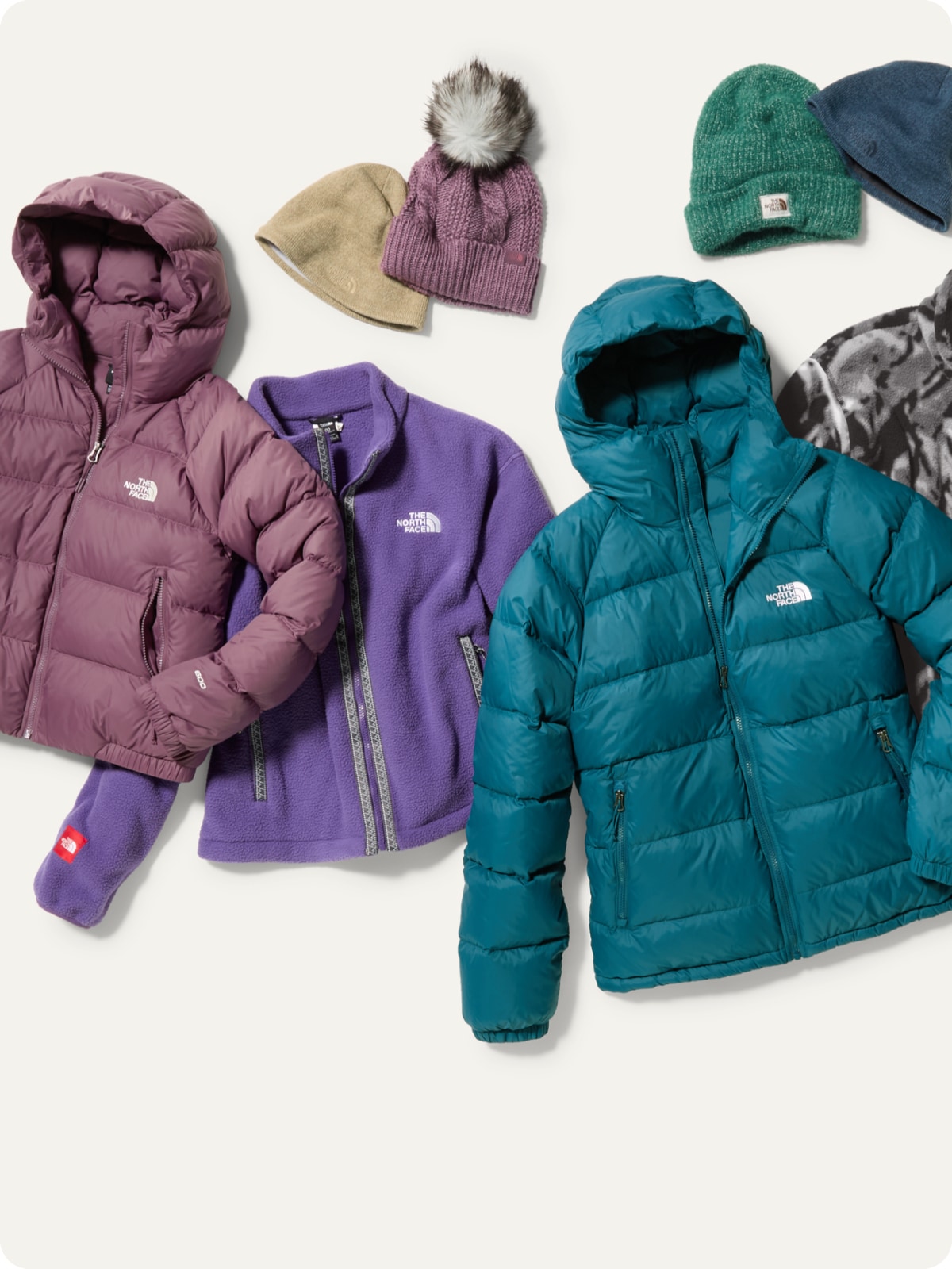 A collage of colorful winter clothing and accessories from The North Face.