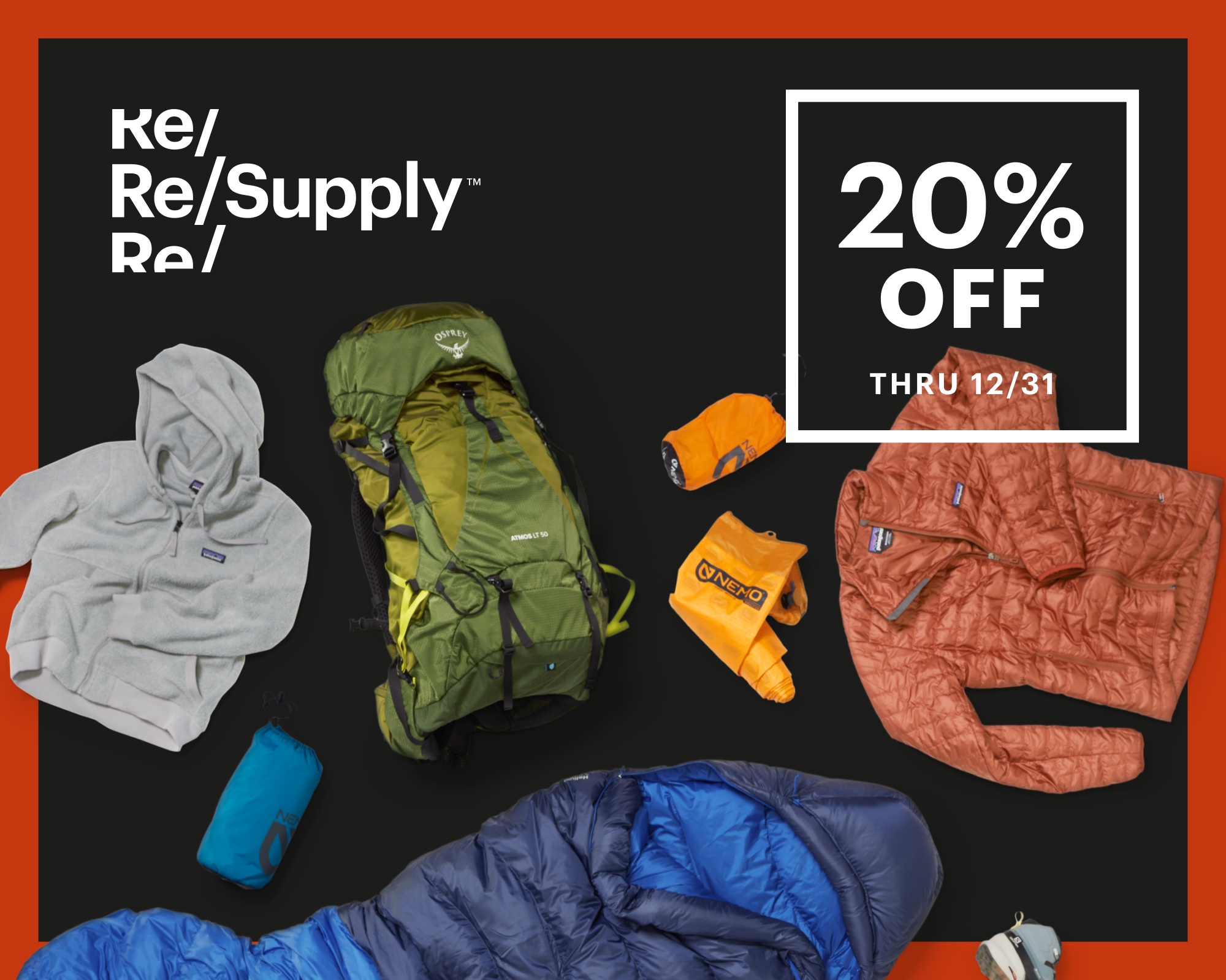 A collage of Re/Supply clothing and outdoor gear. 20% off all Re/Supply items through December 31.