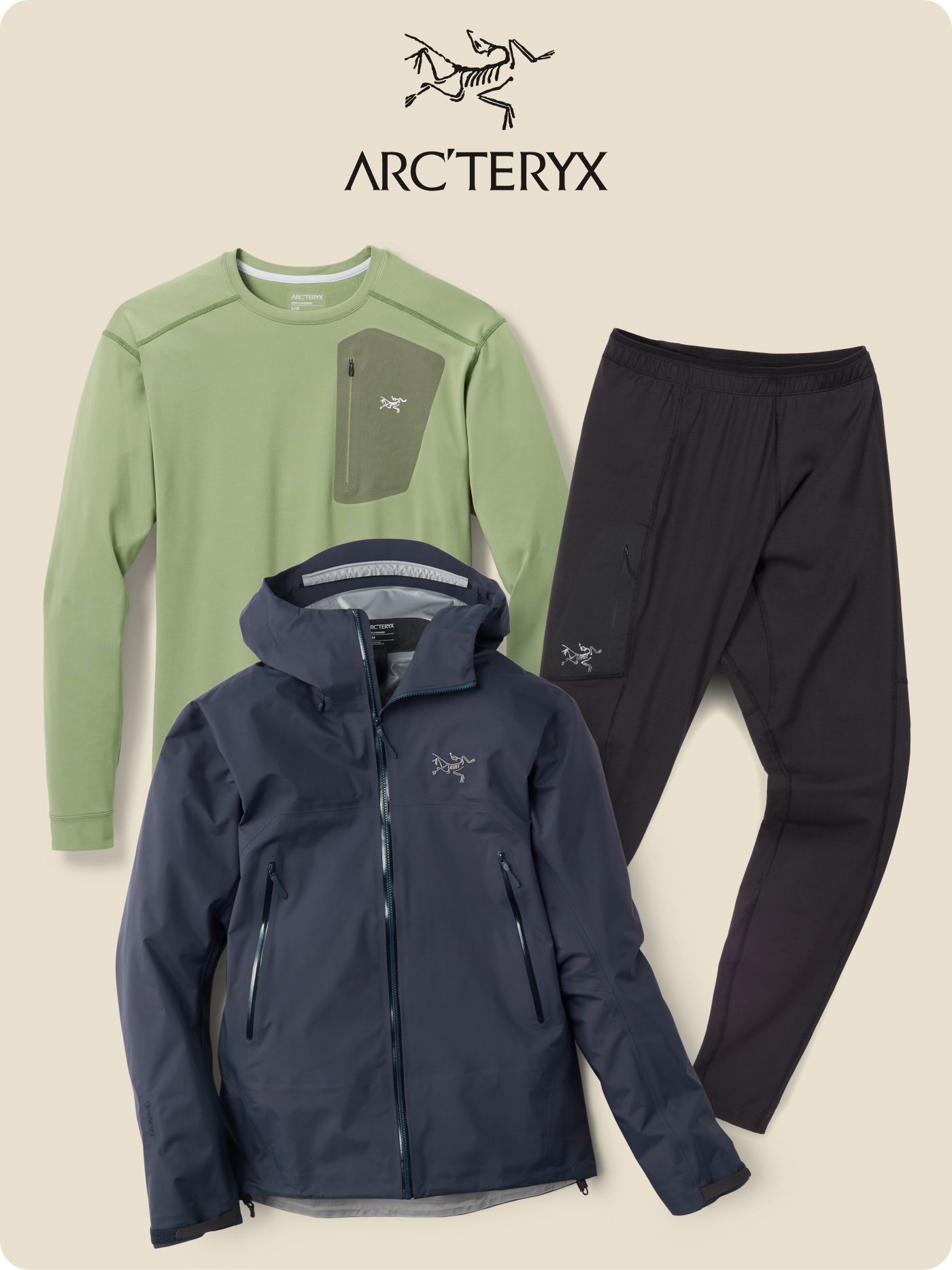 A base layer top, jacket, and pants from Arc’teryx.