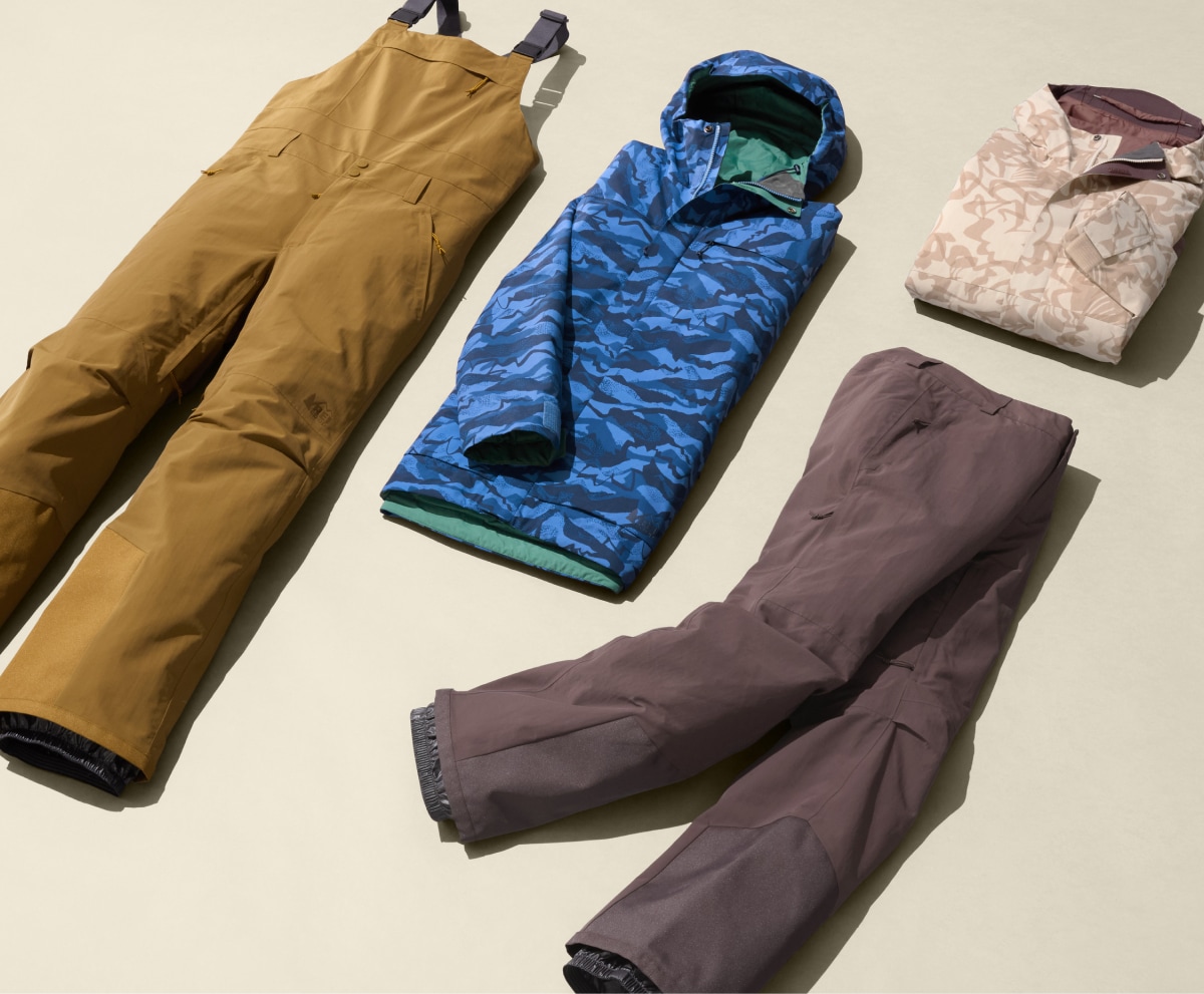 A collage of winter outerwear from the R E I Co-op Powderbound collection.