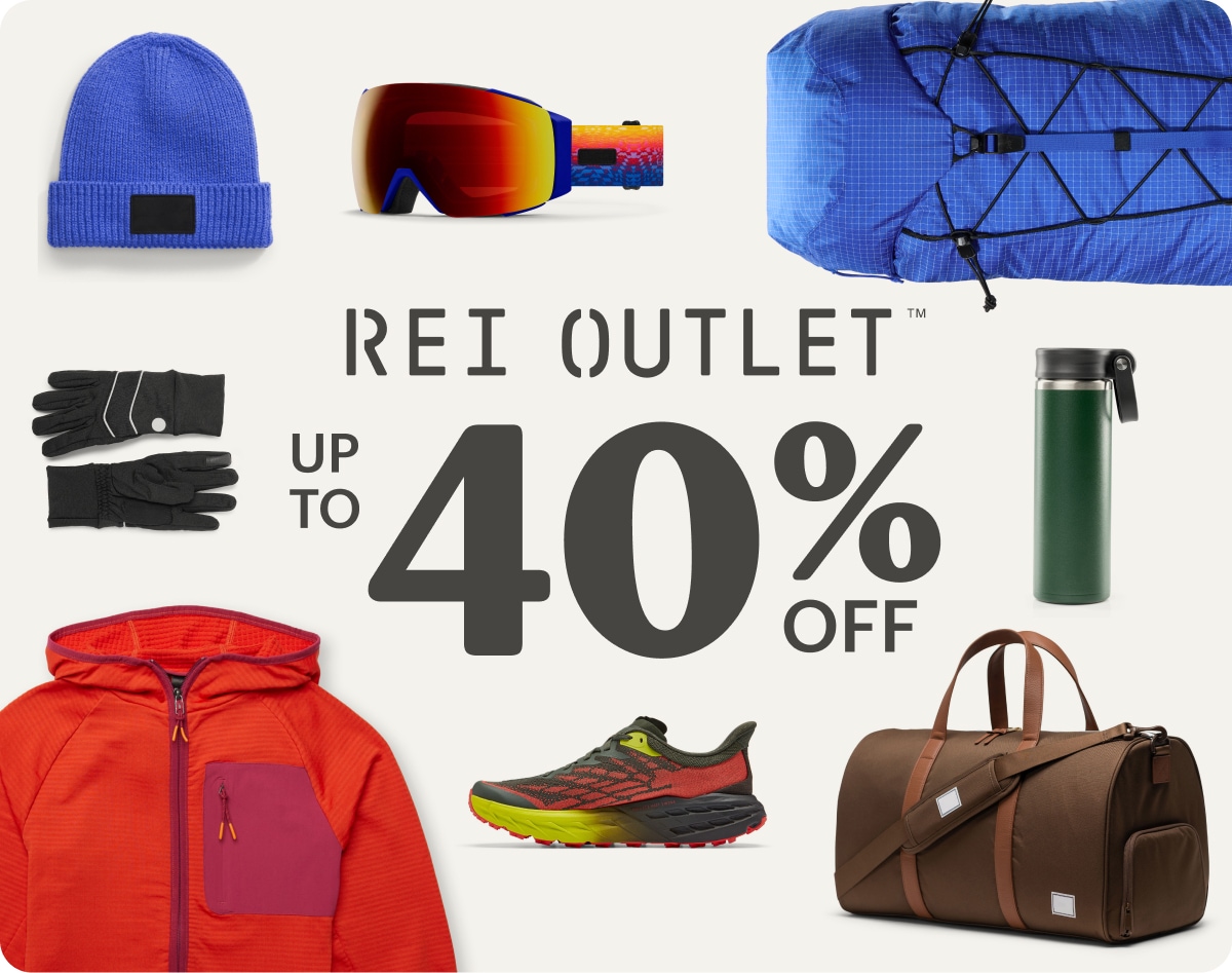 A variety of R E I Outlet gear. Text reads, R E I Outlet, up to 40% off.