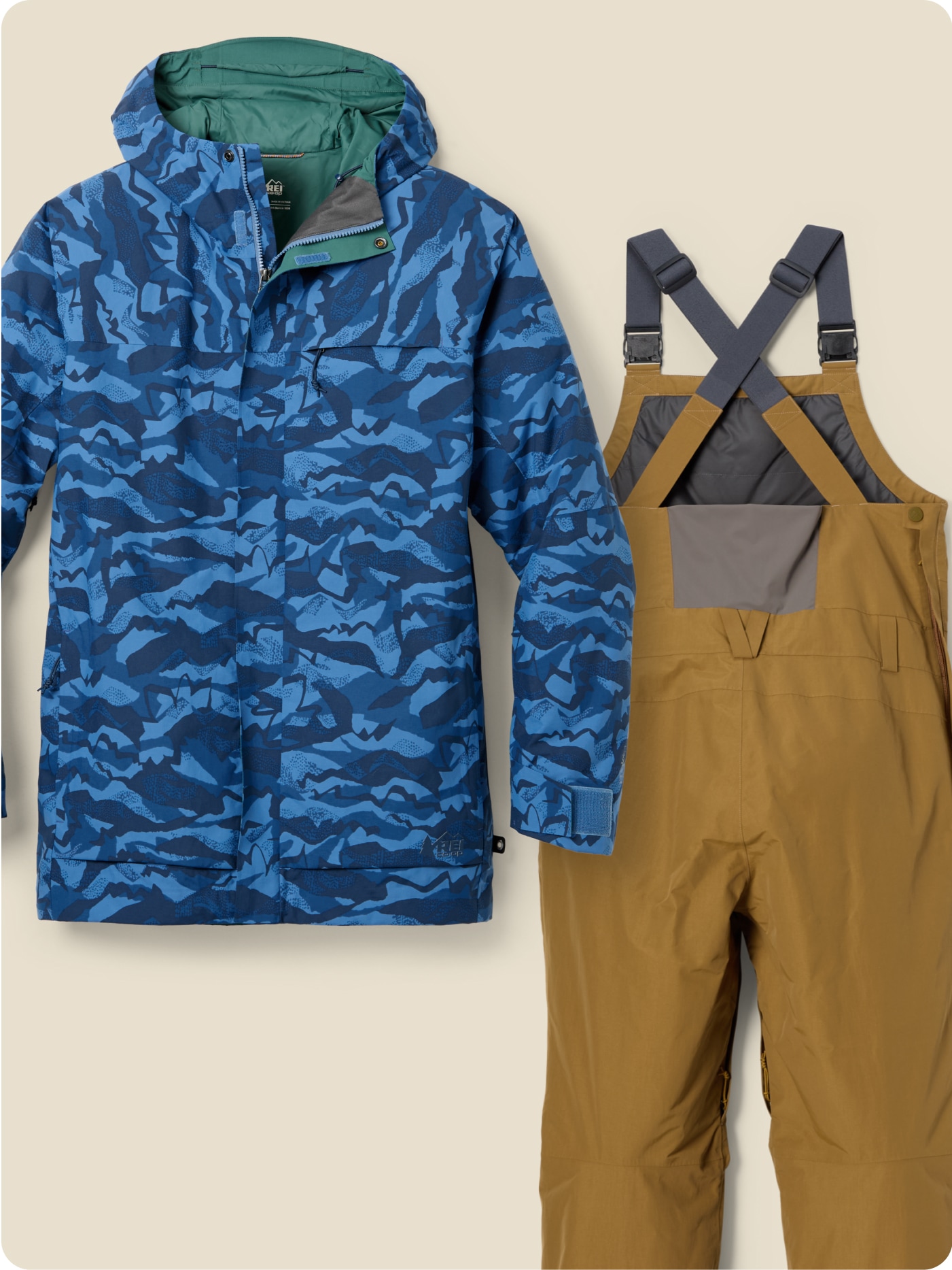 An insulated jacket and bib from the R E I Co-op Powderbound collection.