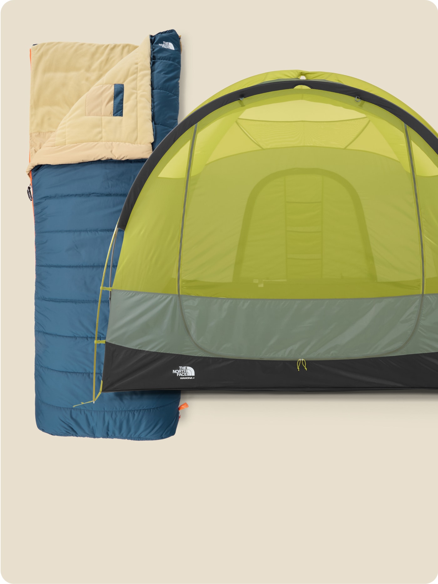 The North Face sleeping bag and tent.