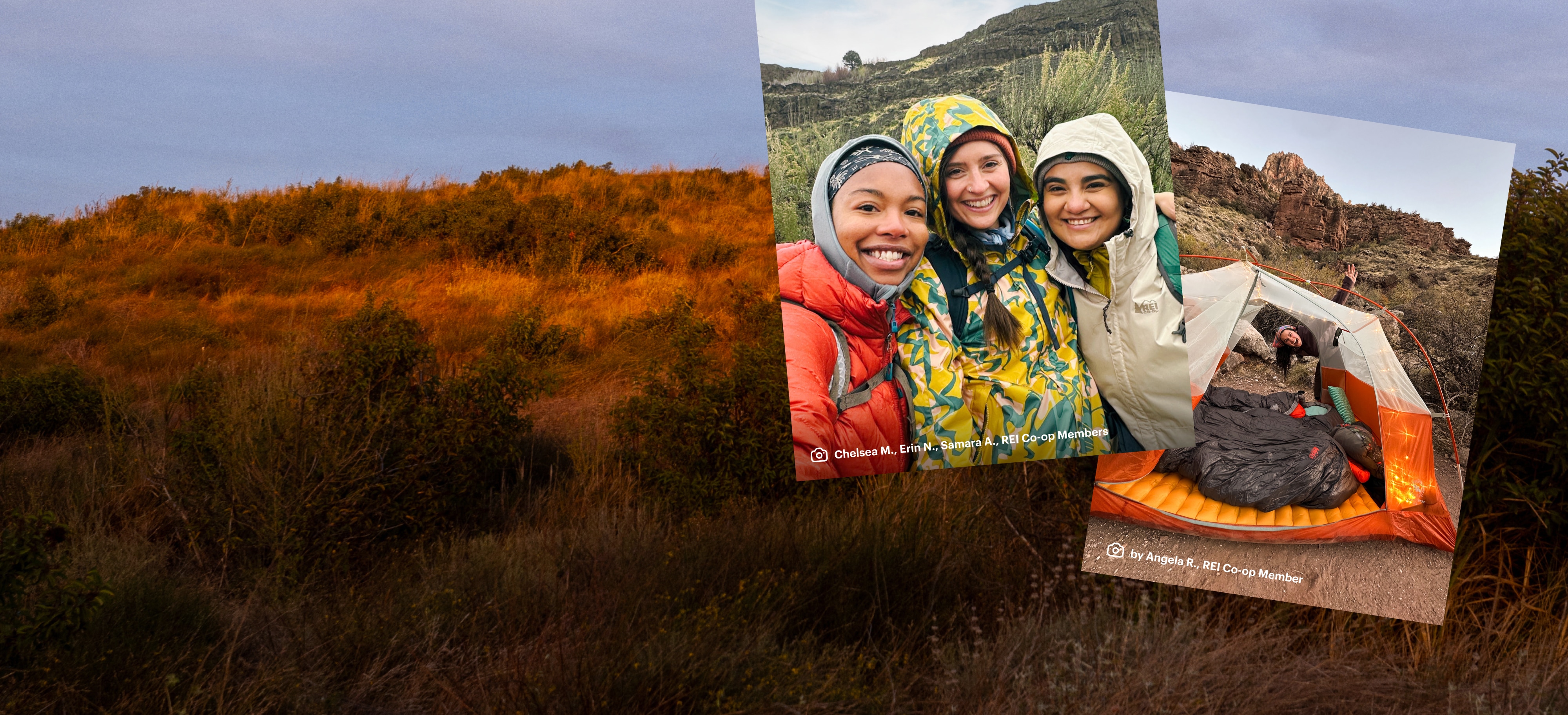 Three people stop to take a photo outdoors. A person poses for the camera with their tent.