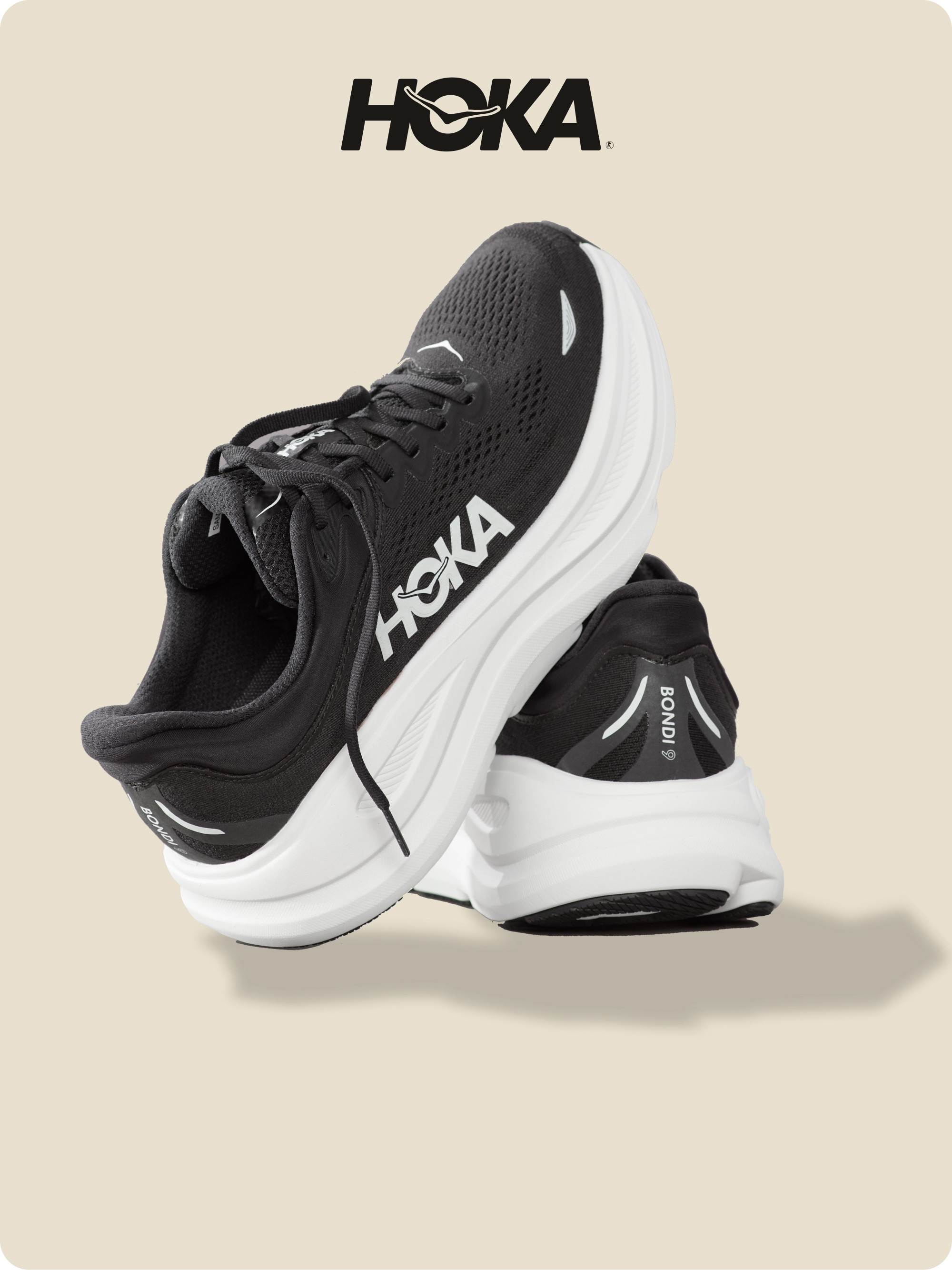 HOKA. A pair of HOKA Bondi 9 shoes in black and white.