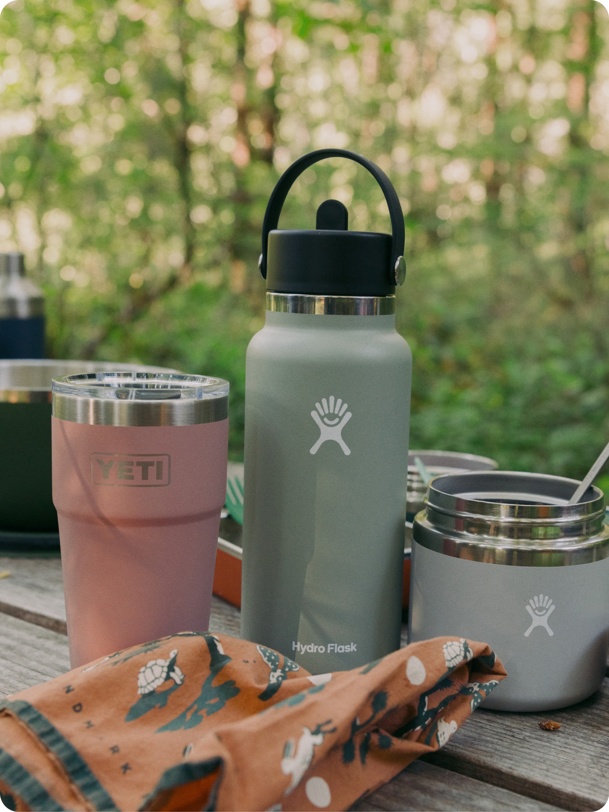 Stainless steel drinkware from YETI and Hydroflask.