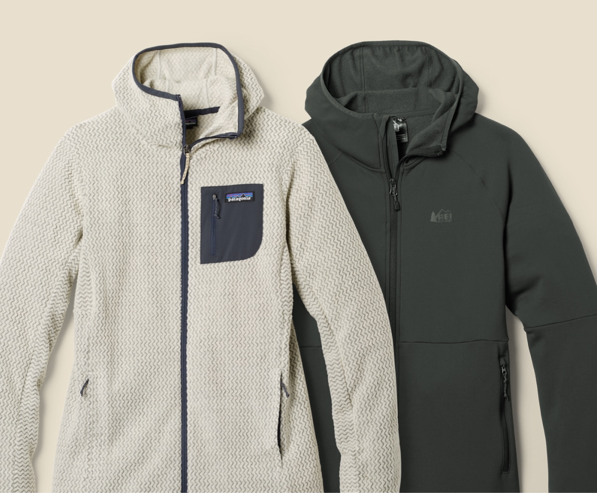 A Patagonia fleece jacket and an R E I Co-op brand fleece jacket.