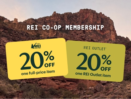 R E I Co-op membership. Member coupons for 20 percent off one full-price item and one R E I Outlet item.