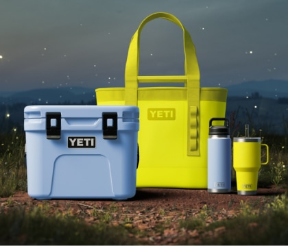 YETI coolers and drinkware in new seasonal colors—Big Sky Blue & Firefly Yellow.