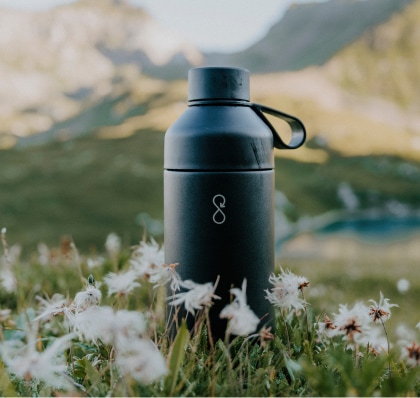 The Original Vacuum Bottle by Ocean Bottle sitting in a field of flowers.