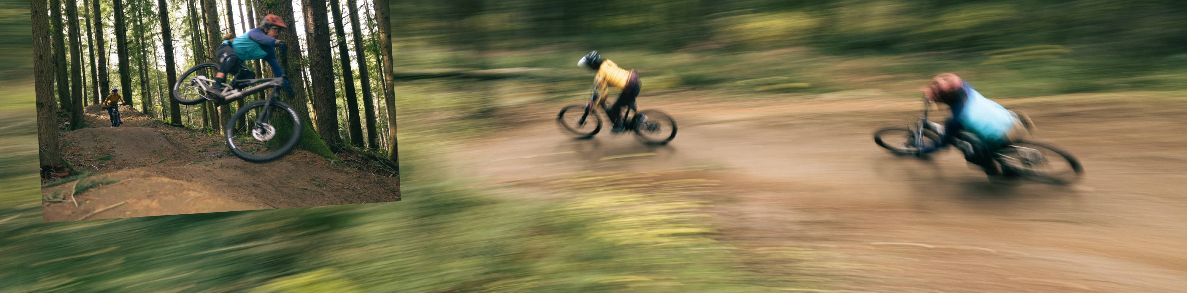 Two mountain bikers cruising through a hilly trail and a person speeding down a trail on their bike.