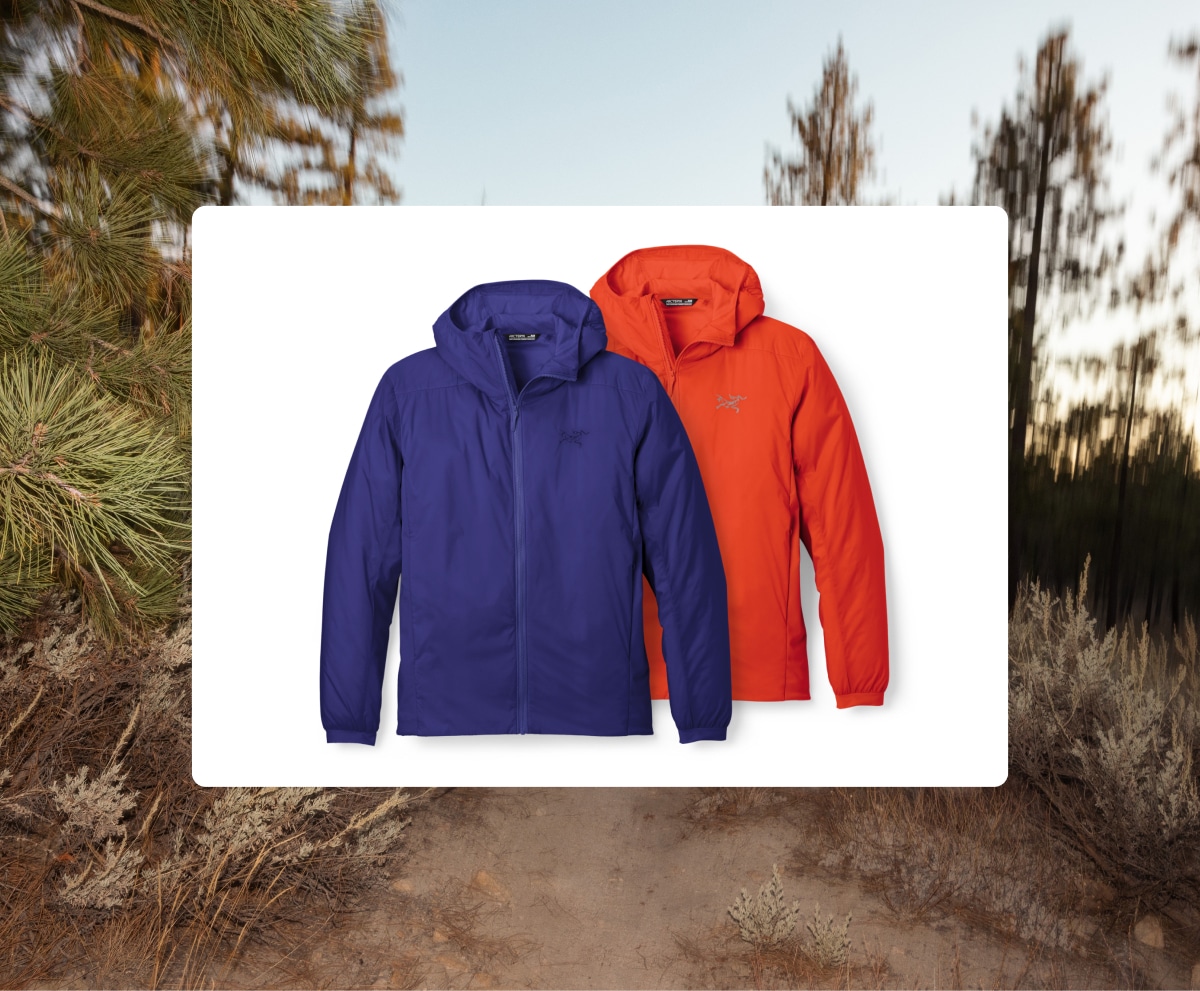 Two Arc’teryx Atom jackets over an image of a trail.