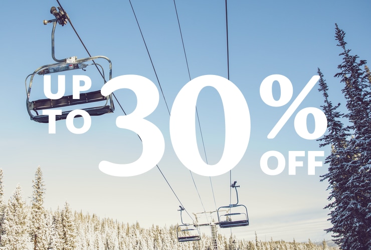 Wintery Scene. Headline: Up to 30% Off