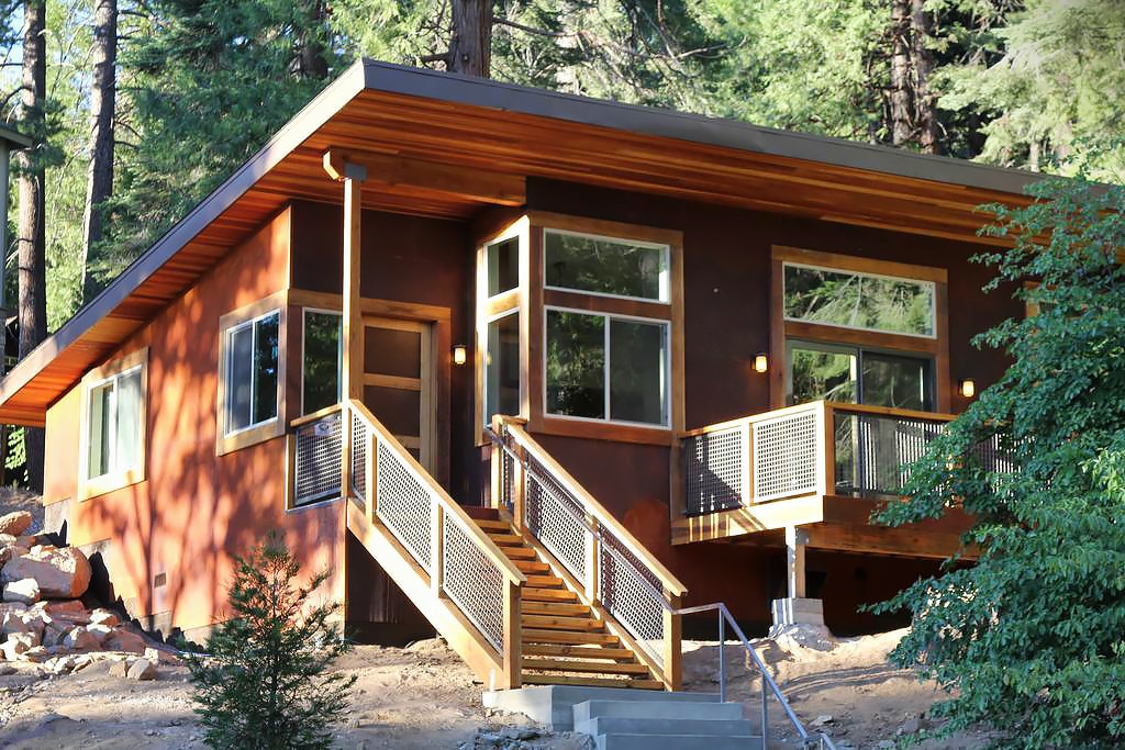 A modern wooden cabin.