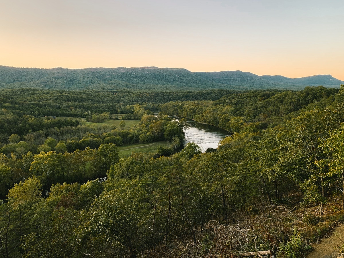 The Shenandoah River provides dramatic contrast to dense lowland forests.