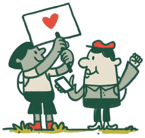 Illustration of two friends holding a sign with a heart on it