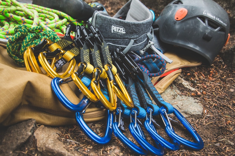 Climbing gear including ropes, hardware and helmets