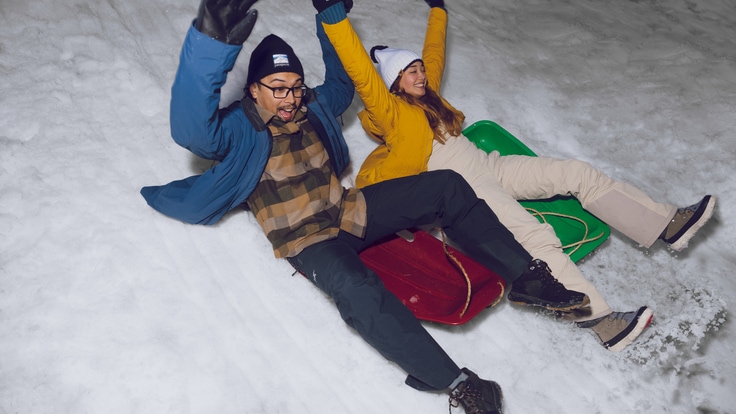 Two people sled down a snowy hill next to each other.