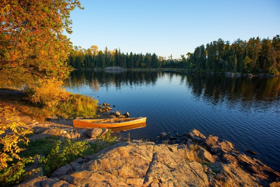 Yellow canoe sits by the water in the sun