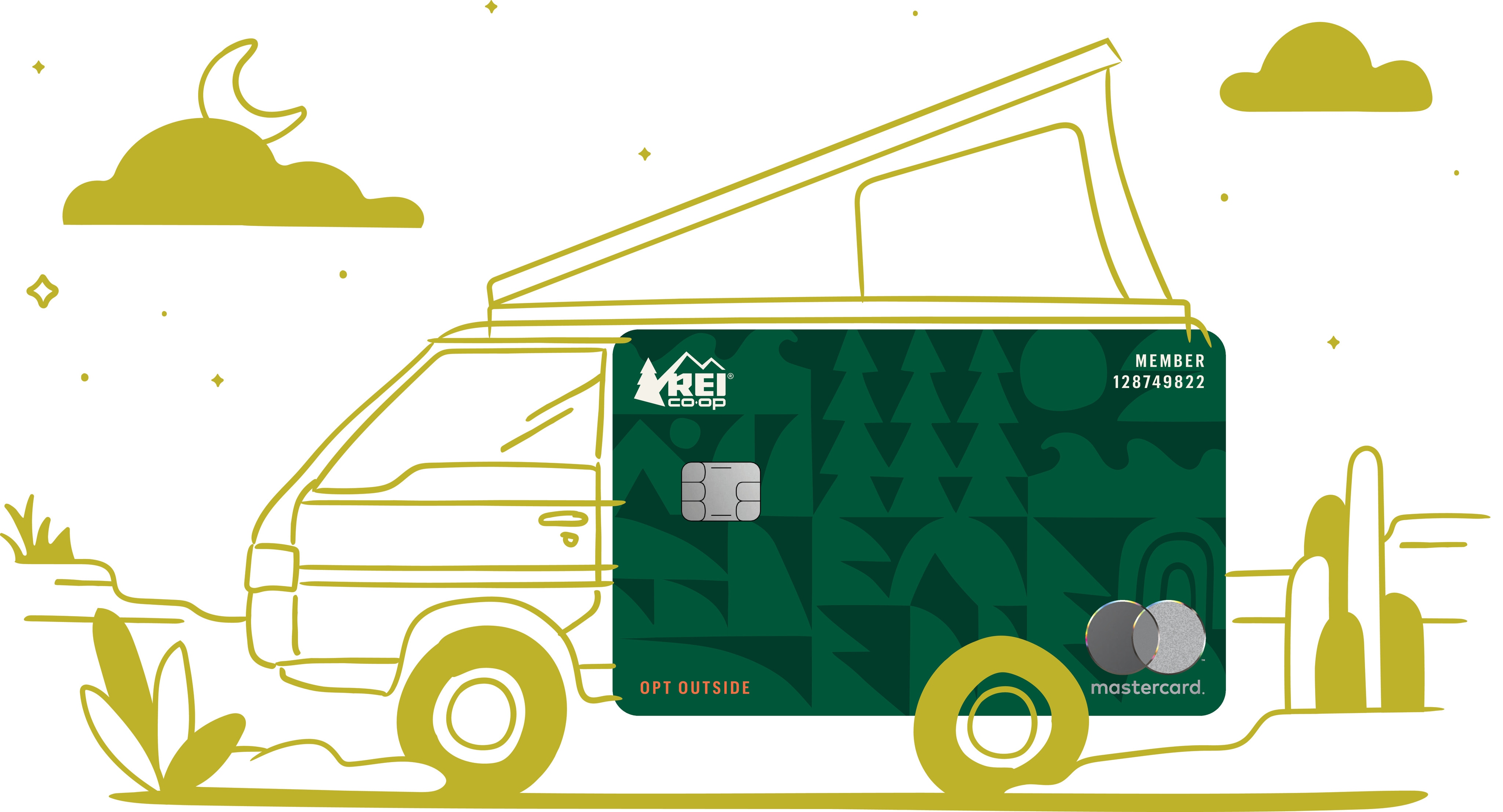 drawing of a van with a camper pop top. The body of the van is a credit card image.