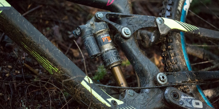 Close up photo of rear shocks on a mountain bike