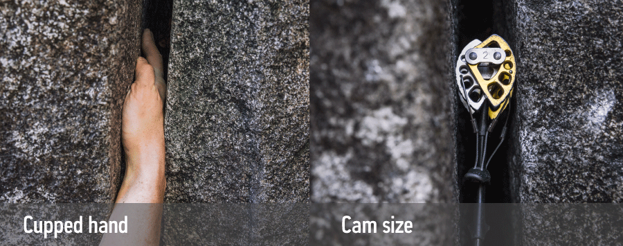 cupped hand in crack compared to cam size in crack in rock