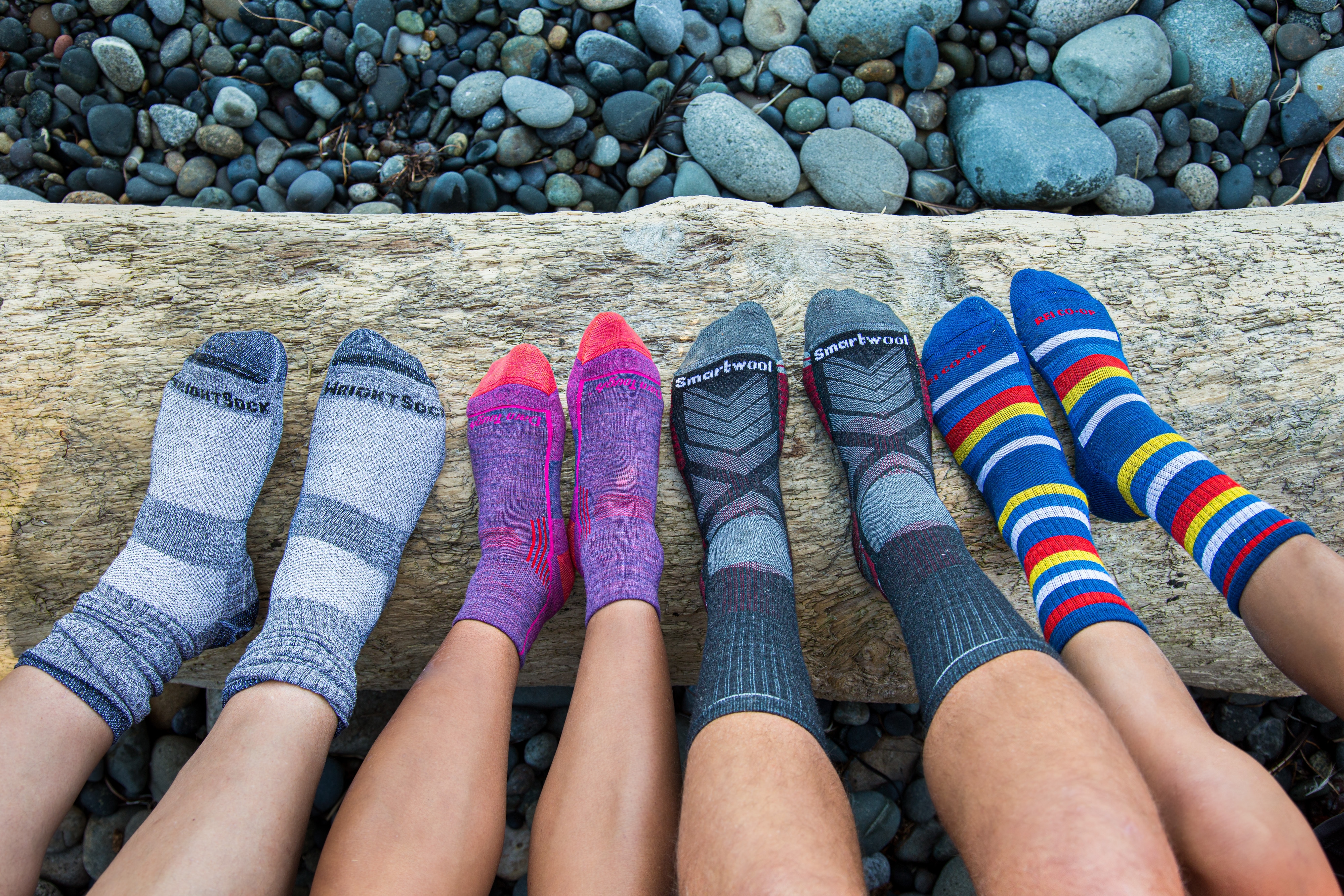 Seen from the knees down, four people wearing hiking socks resting at a fallen tree.