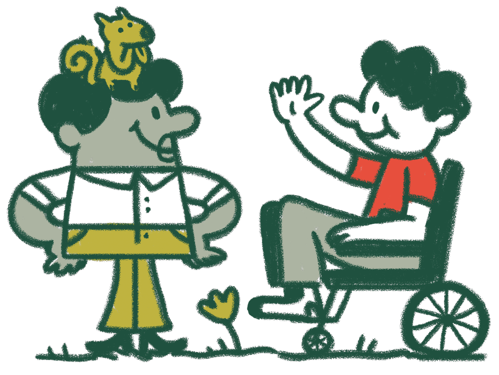 Illustration of a person in a wheelchair waving to his friend who has a squirrel on his head.