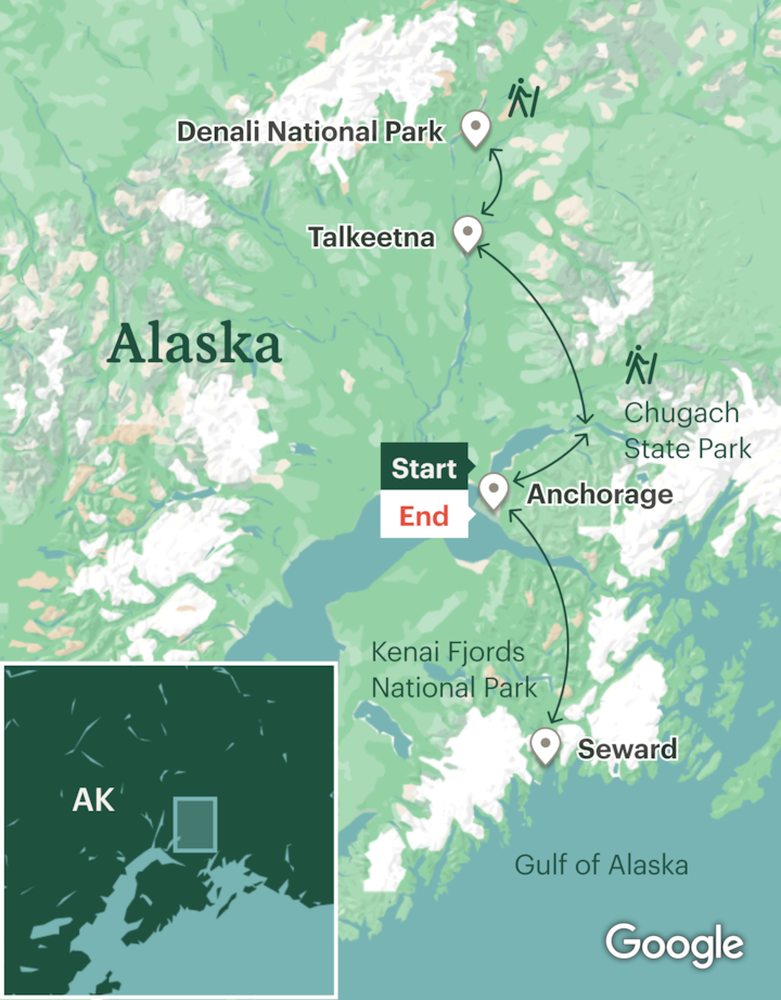 Itinerary map for Alaska Hiking Kenai to Denali - Lodge Based