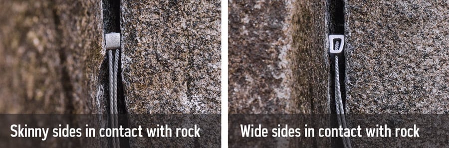 two rock climbing nut placements based on nut width