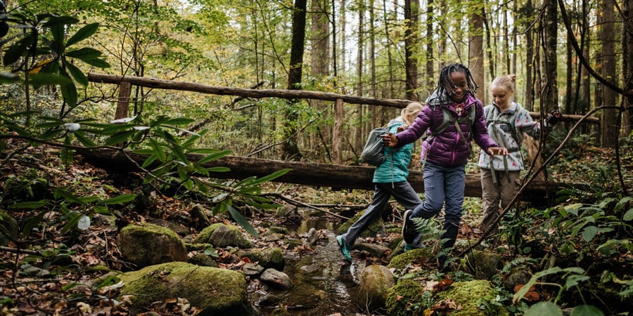 three girls enjoying the outdoors while playing along a stream