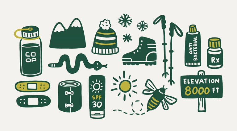 A collection of icons illustrating common hiking injuries.