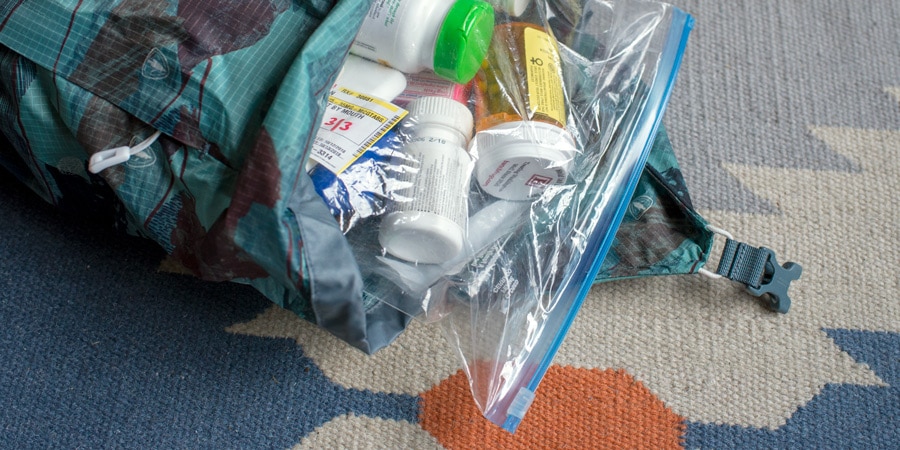 Medication in a zip-top bag packed in a carry-on