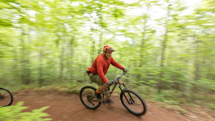 A mountain biker rides on a dirt path amid a lush green forest