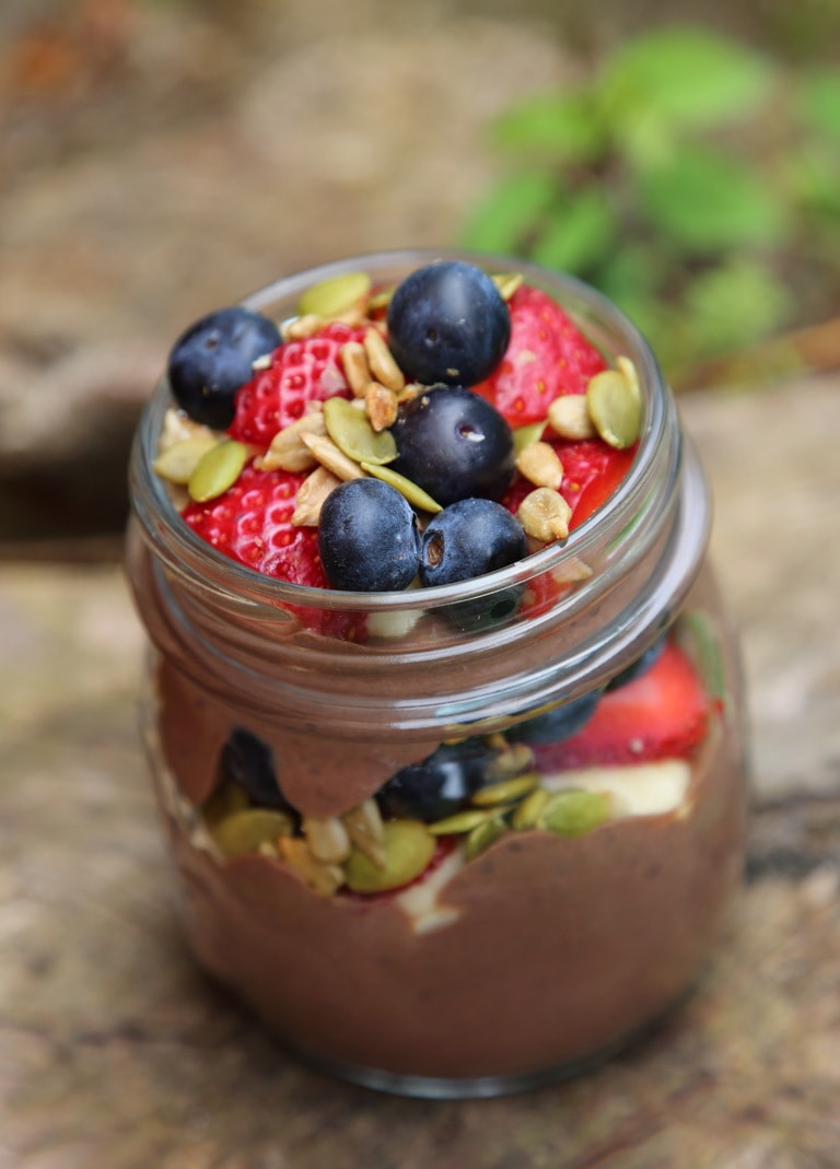 Photo of blended acai in a mason jar.