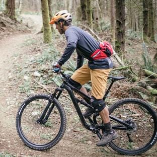 Two people ride mountain bikes in a single file in the woods