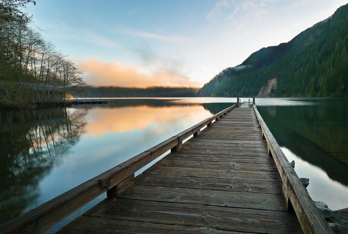 Glacially carved Lake Crescent is the second deepest lake in Washington and a serene location for the National Park's Lake Crescent Lodge.