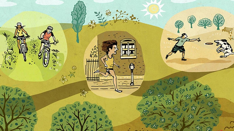 Illustration of people enjoying different outdoor activities; to people ride bikes down a trail; a runner sprints down a city block; someone tosses a frisbee to a dog in a city park.