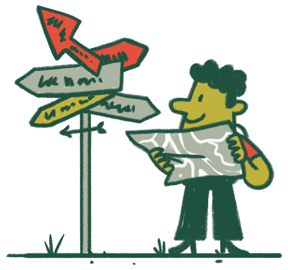 Illustration of a happy wanderer standing at a guidepost while checking his map.