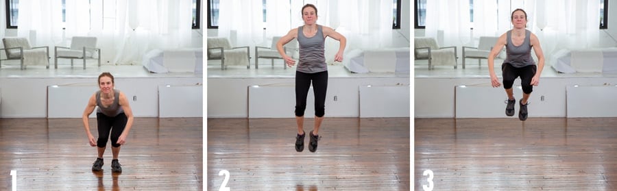 exerciser demonstrating a tuck jump plyometric exercise