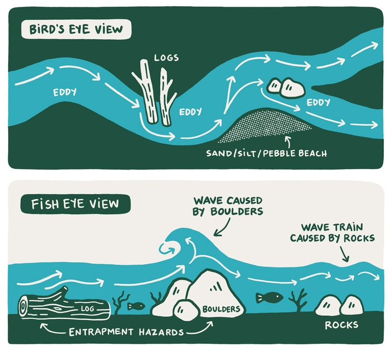 An illustration of river dynamics, including a bird's eye view of a river with eddies and obstructions and a fish-eye view of a river with waves caused by entrapment hazards and rocks.